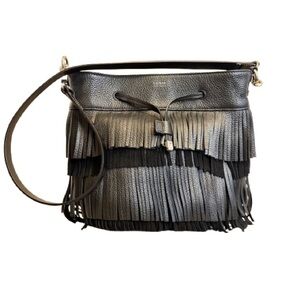 Ralph Lauren Cobden Black Cow Leather Fringe Shoulder Bag Purse Handbag Boho